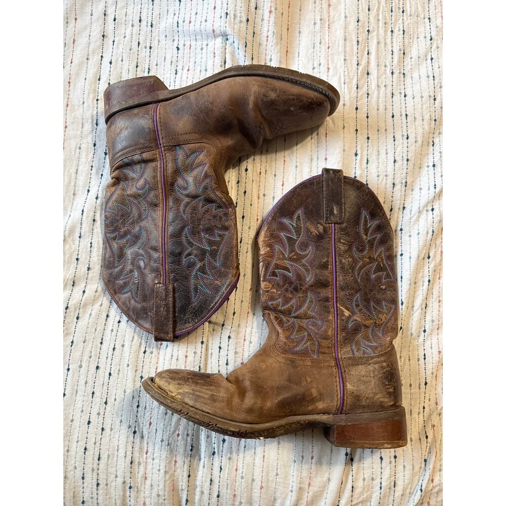 Laredo Cowboy Approved Leather Boots Purple & Blue Embroidered Women’s Size 9.5